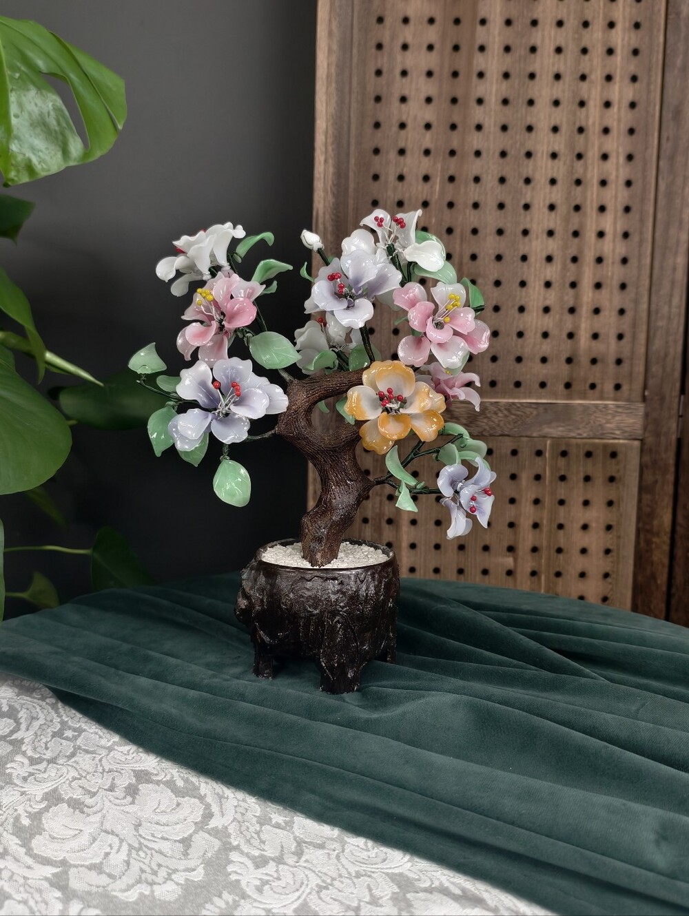 Vintage Chinese Glass "Jade" Bonsai Tree Multicolor Flowers in Wood-Style Pot